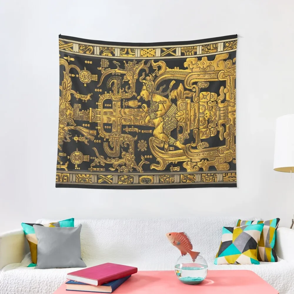 

Lid of The Great Tomb of Pakal - Gold Palenque Astronaut over Black Tapestry Bedroom Decorations Carpet Wall Tapestry