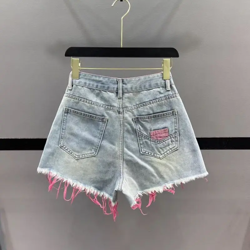 Colorful distressed denim shorts for women's 2024 summer new high waisted slimming edge wide leg pants hot pants