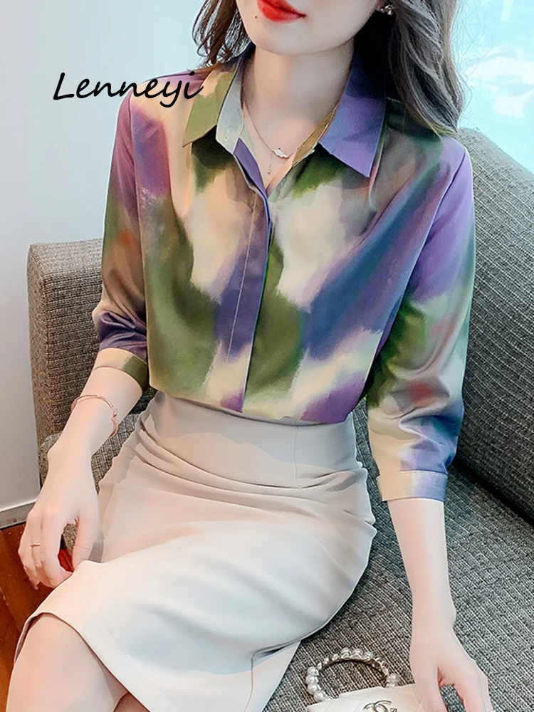

Fashion Woman Silk Blouses 2024 Print Lapel Shirt Tops Woman Elegant Blouse Shirts Top Women's Gradient Contrast Blouses Clothes
