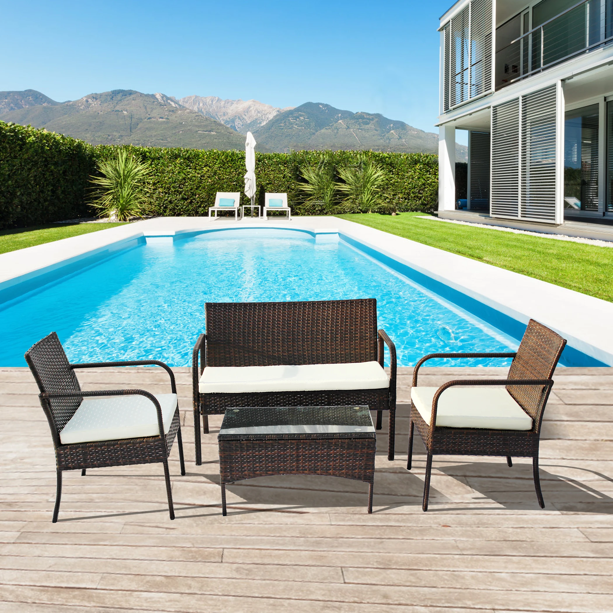 

3 Colors Outdoor 4 Pieces Rattan Furniture Set Include 1 Love Sofa + 2 Single Seat + 1 Coffee Table[US-Stock]