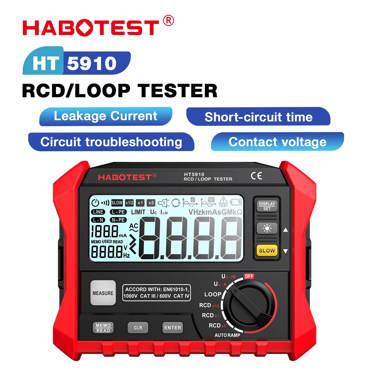 Habotest Ht5910 Tester Per Interruttore Di Dispersione Del Misuratore Di Resistenza Digitale 4.7 Pollici Lcd Rcd/Loop Tester 1000 Voltmetro Di Archivi