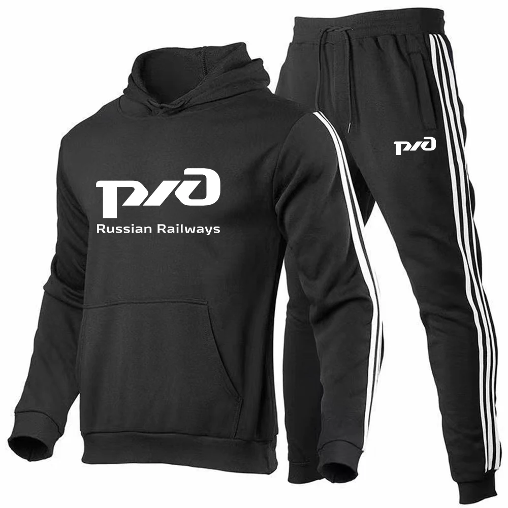 

Men's Russian Railways Printed Sweatshirt Set High Quality Casual Hoodie Sweatpants 2 Sets USSR Russia Fitness Pants Fall Winter