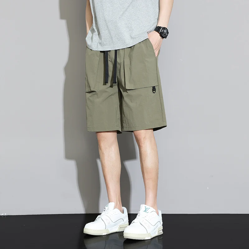 Men's Summer Solid Pockets High Waist Drawstring Casual Elastic Clothing Pencil Straight Cargo Sweatpants Knee Length Shorts