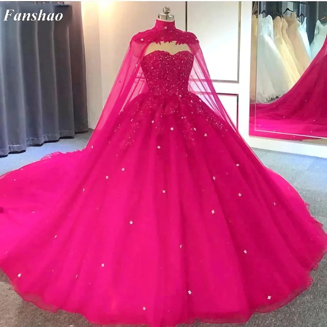 Fanshao wd730 Sweetheart Quinceanera Dress With Cape For 15 Years Fashion Lace Beads Court Train Princess Birthday Party Gown quinceanera dresses