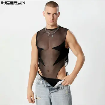 INCERUN 남성용 메쉬 패치워크 바디수트, 투명 O-넥 민소매 롬퍼, 탱크 탑, 스트리트웨어, 섹시한 2023 패션