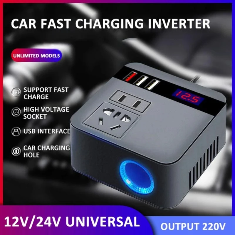 

Car Inverter 150W Peak DC12V/24V to 110V/220V LED Display Sockets Power Inverter with QC 3.0 USB Charger Fast Charging