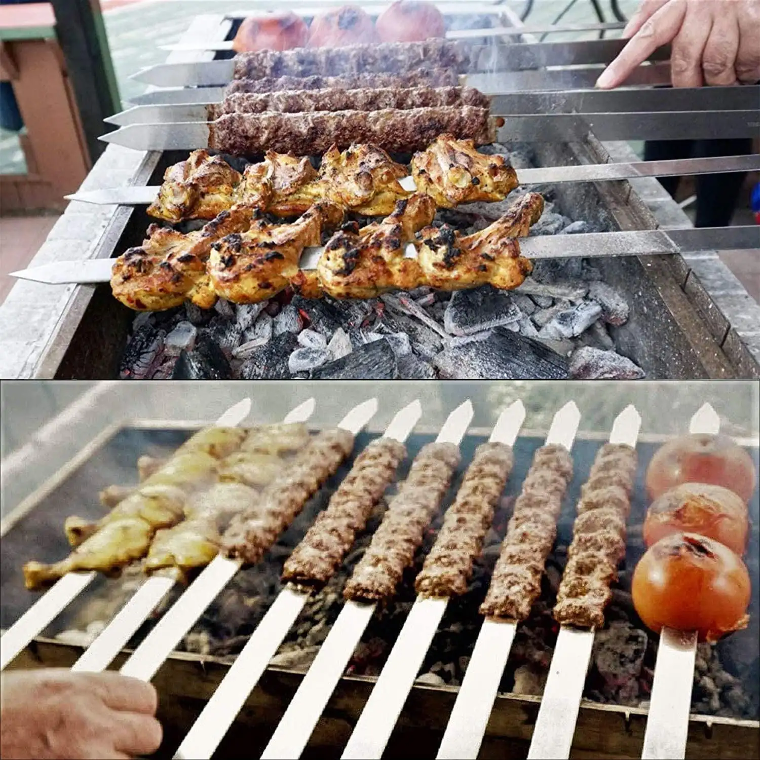 41cm 2.3cm Stainless Steel Barbecue Skewers Bamboo Handles Flat Metal Grilling Skewers Pork Beef Needle BBQ Accessories