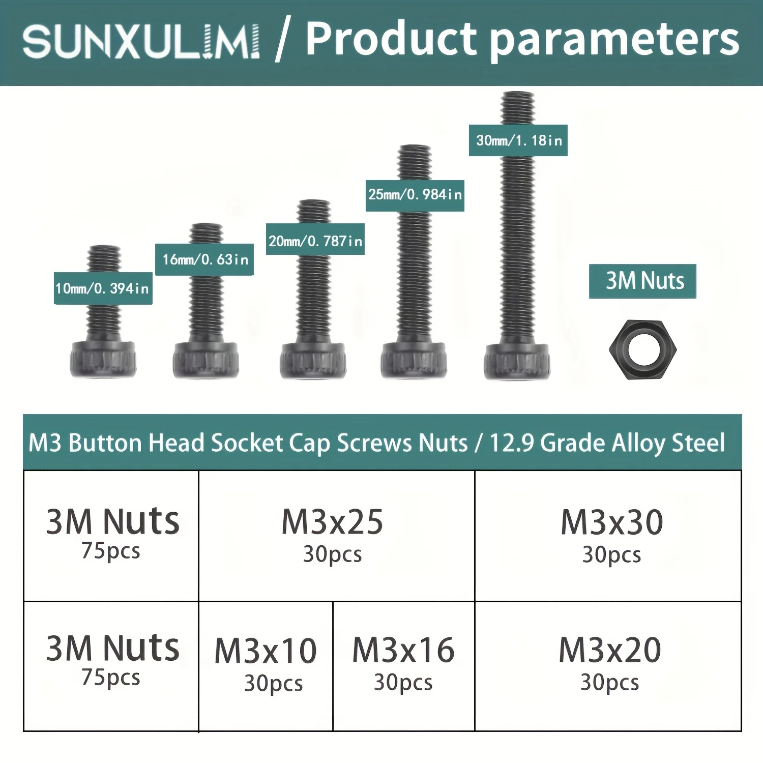 300 M3 x 10mm/16mm/20mm/25mm/30mm 12.9 grade alloy steel hexagon socket head bolt and nut kit screw bolt nut set hexagon socket head cap screw hex nuts assortment kit