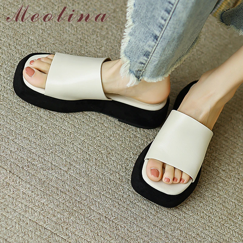 

Meotina Women Genuine Leather Slides Square Toe Flat Platform Mid Heels Sandals Platform Slippers Ladies Fashion Shoes Summer 40