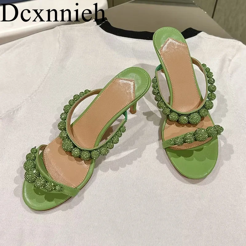 

New Round toe open toe fashionable sandals sparkling crystal decoration versatile slippers women's vacation leisure beach shoes