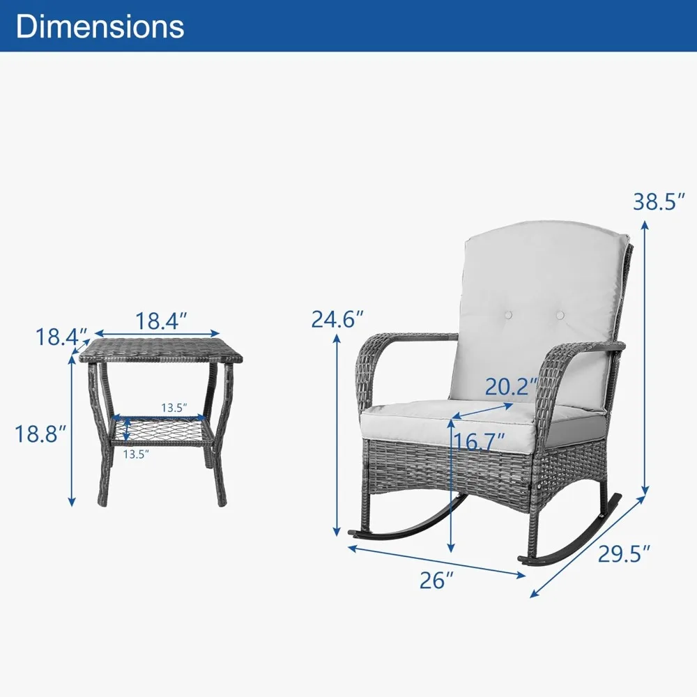 3-Piece Outdoor Furniture Set, Patio Conversation Chair, Wicker Cushioned Patio Rocker with Side Table for Porch, Garden, Poolsi 2