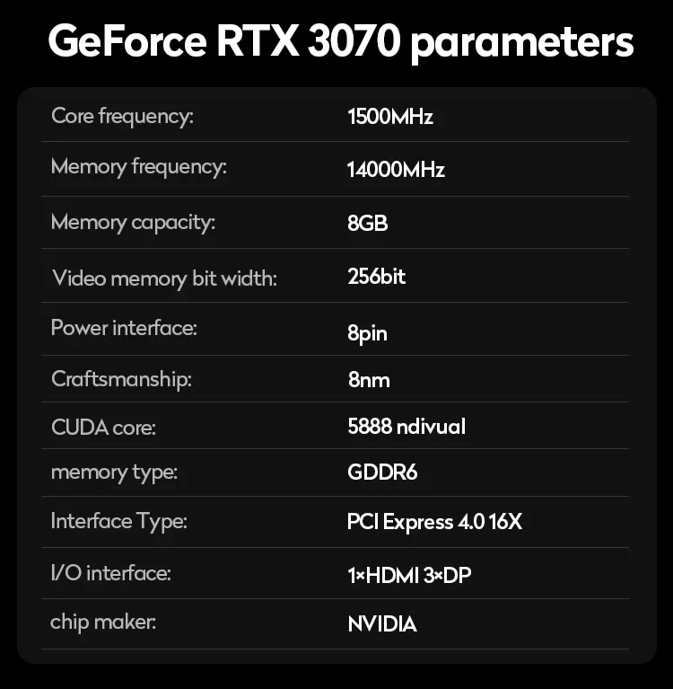 Karta graficzna JIEHSUO RTX 3070 8 GB NVIDIA RTX3070 8G 256 Bit GDDR6 Sklep komputerowy Karta graficzna do gier RTX3070 GAMING OC 8G