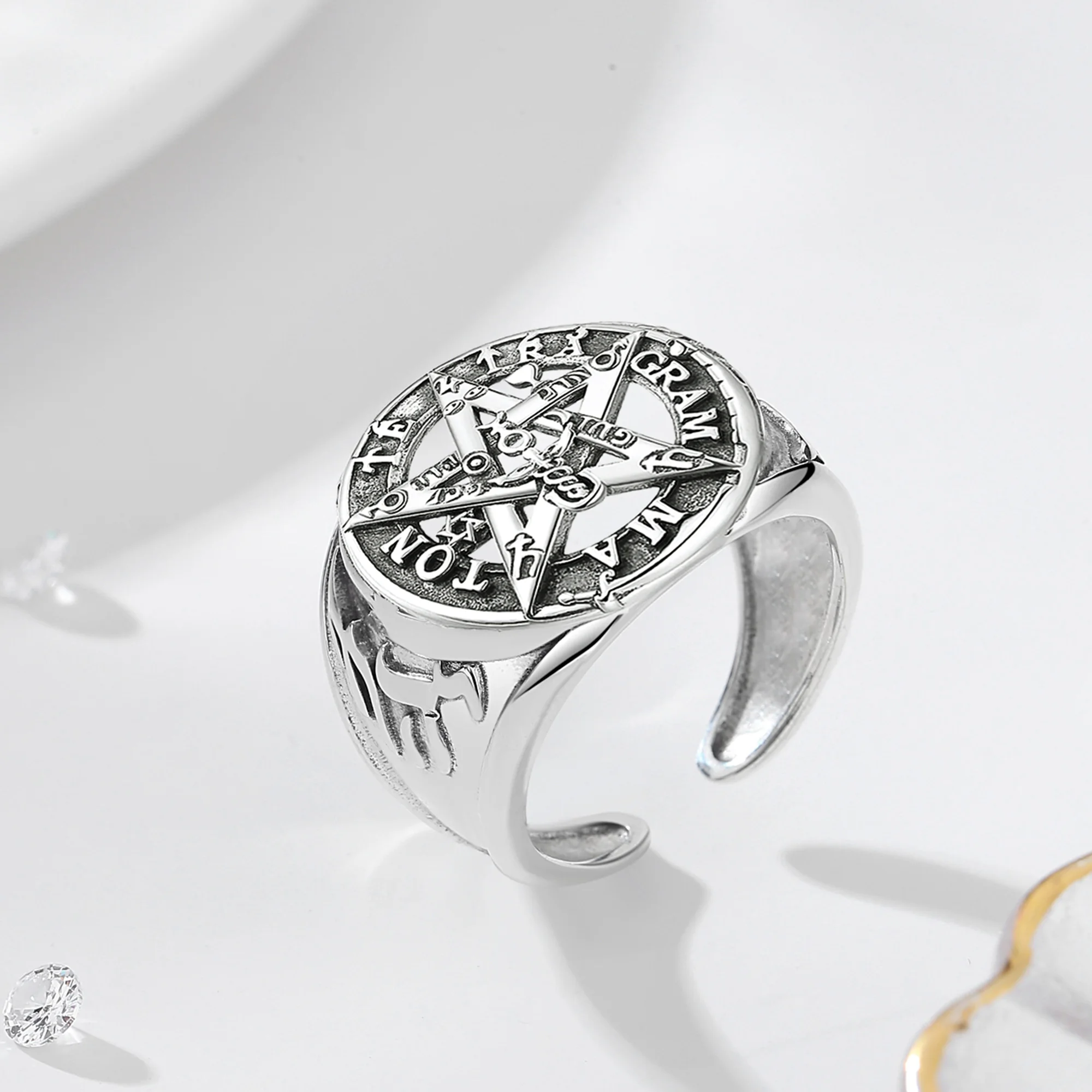 Eudora 925 Sterling Silver Pentagram Adjustable Ring for Men Women Amulet Guardian Star Tetragrammaton Ring Hip Hop Jewelry Gift 5