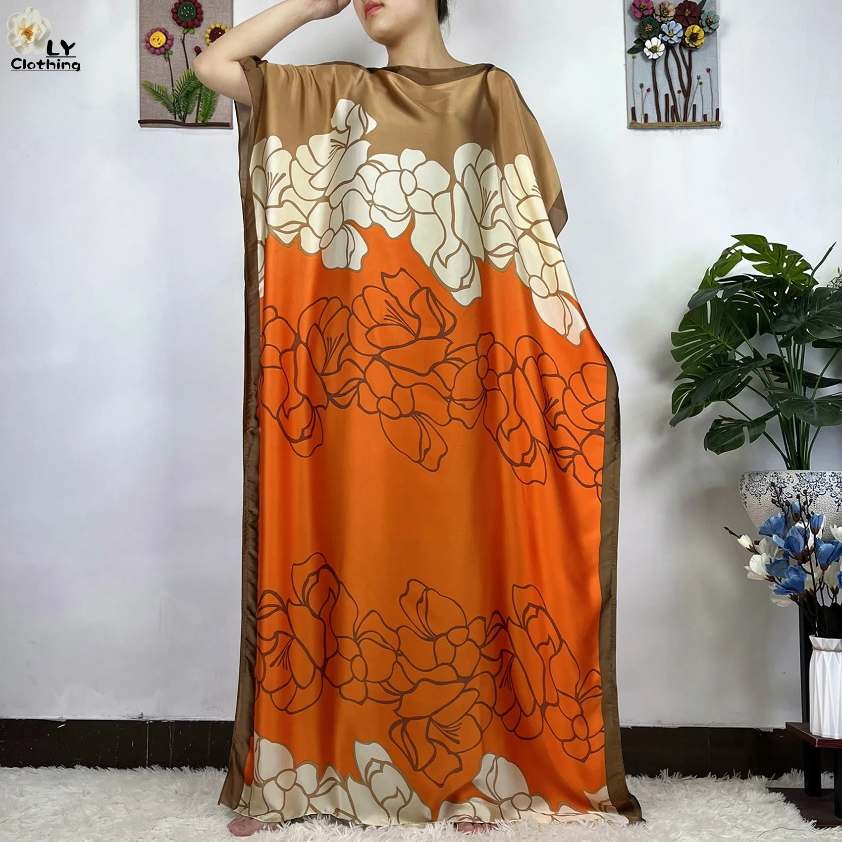 2023 New African Fashion Short Sleeve Colored Pattern Dubai Women Summer Real Silk Soft Printing Loose Tradition Muslim Dress 3