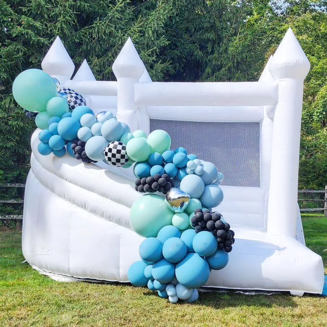 White Inflatable Bounce House, Children Game Castle with Slide, Inflatable Castle with Blower for Birthday Wedding Party