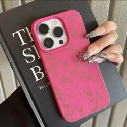 Pink Small Flowers Lichee Pattern Silicone Shockproof Phone Case Cover - iPhone 15 Plus (Rose red)