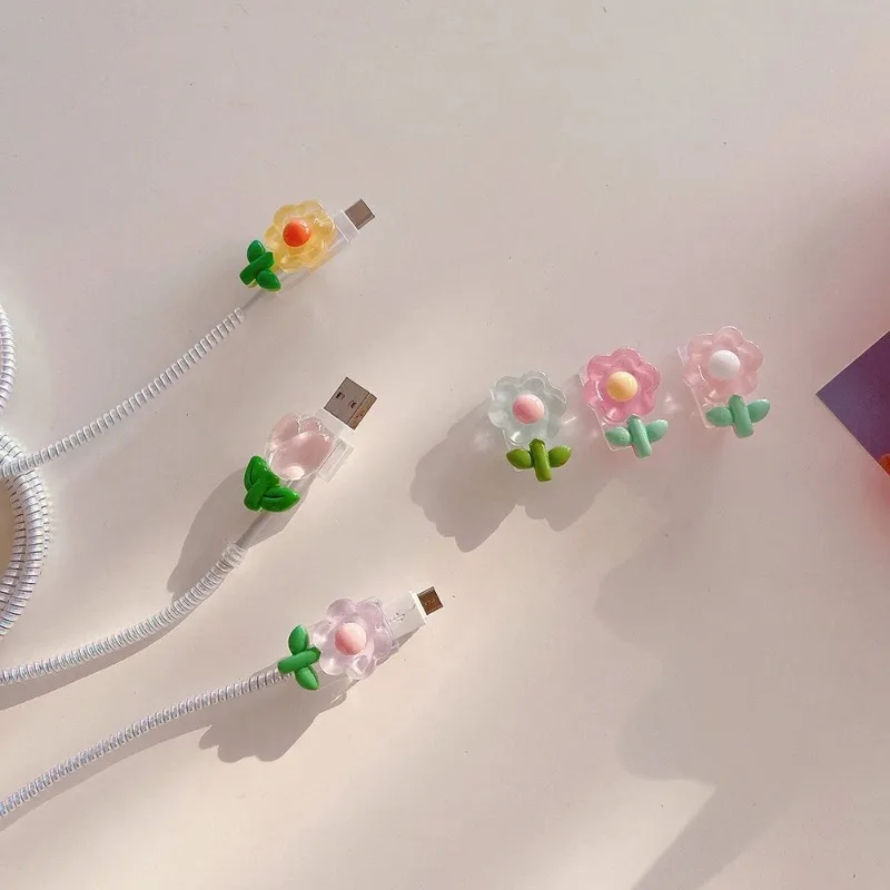 Kawaii Floral Cable Protector USB Charger Data Line Wire Cord Case Soft TPU Cover Cable Organizers Office Desk Organizer