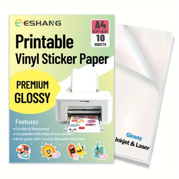 10 fogli A4 fogli adesivi in vinile lucido 8,3 x 11,7 pollici etichette autoadesive impermeabili compatibili con stampanti laser e a getto d'inchiostro