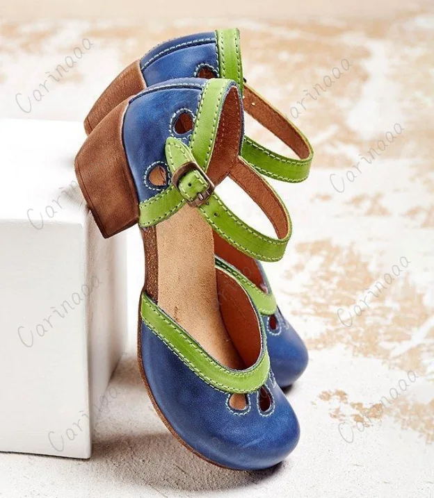 Women Summer Mid Heel Hollow Out Casual Sandals Elegant Retro Ladies Pumps Ankle Color Block Buckle Straps for women sandals