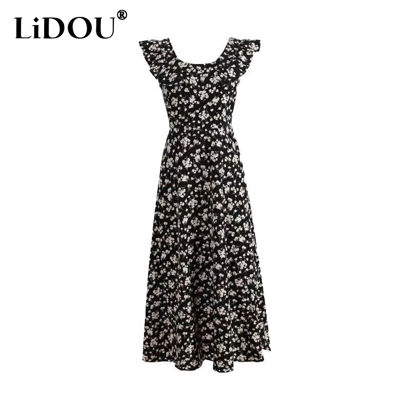 

2023 Summer New Square Neck Flying Sleeve Maxi Dress Women Floral Printing Slim Fashion A-line Dresses Edible Tree Fungus Robe