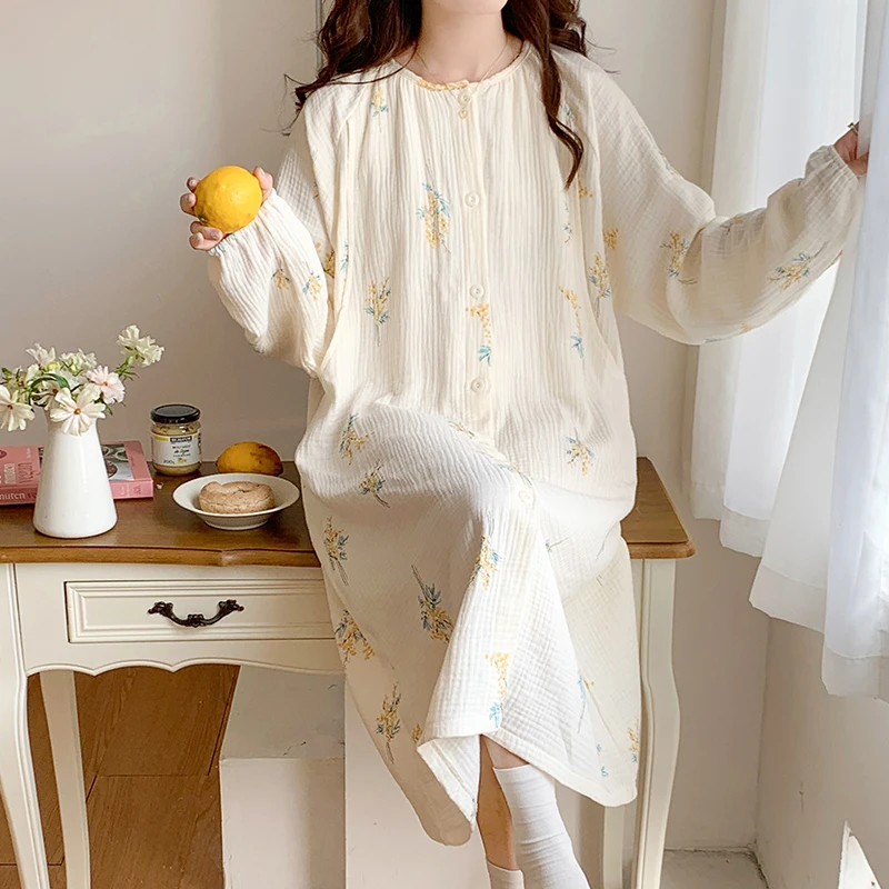 

100% Cotton Double Gauze Nursing Night Dress for Maternity Long Sleeve 2024 Spring Summer Sleepwear Pregnancy Home Hospital Wear