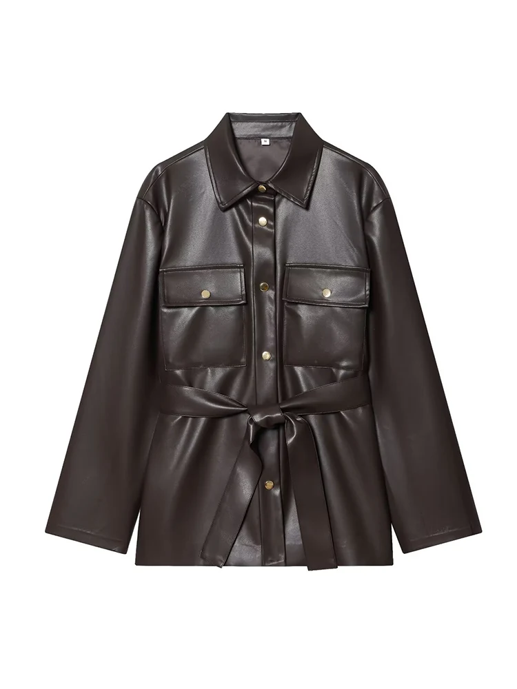 Vintage Women Pu Faux Leather Jacket With Belt Street Fashion Turn Down Collar Long Sleeve Pockets Coat Autumn Ladies Outerwear