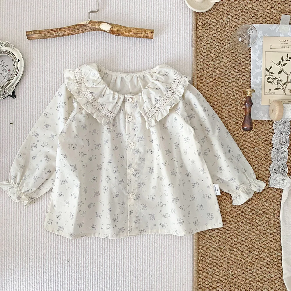 

Jenny&Dave Spring/Summer Cotton Polo Neck Shirt Fragmented Flower Girl Baby Girl Lotus Leaf Collar Fresh Long sleeved Doll Shirt