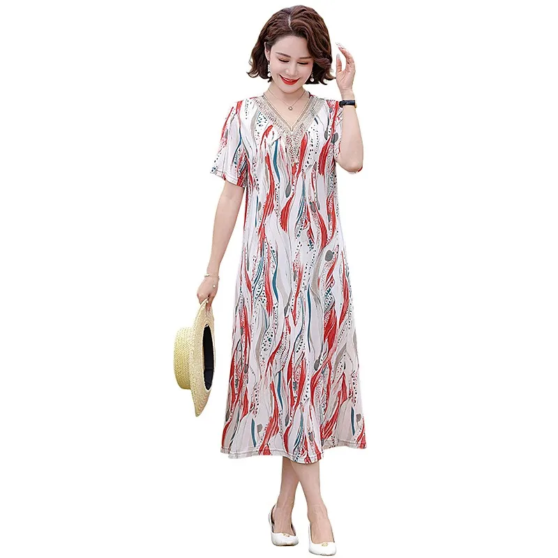 

Women's Summer Lace V-neck Pullover Chiffon Dress Fashion Elegant Printing Versatile Short Sleeve Long Dress