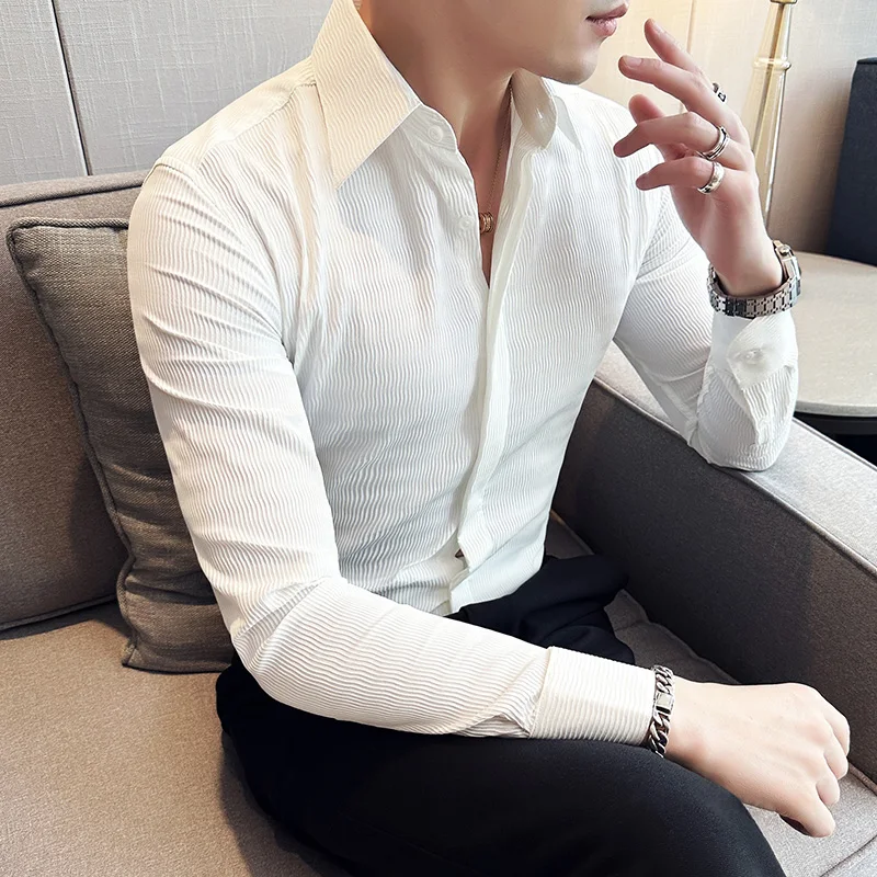 

2023 Spring Summer Ice Silk Wrinkle Men Shirts Long Sleeve Business Dress Shirt Slim Fit Casual Social Shirts Streetwear Blouse