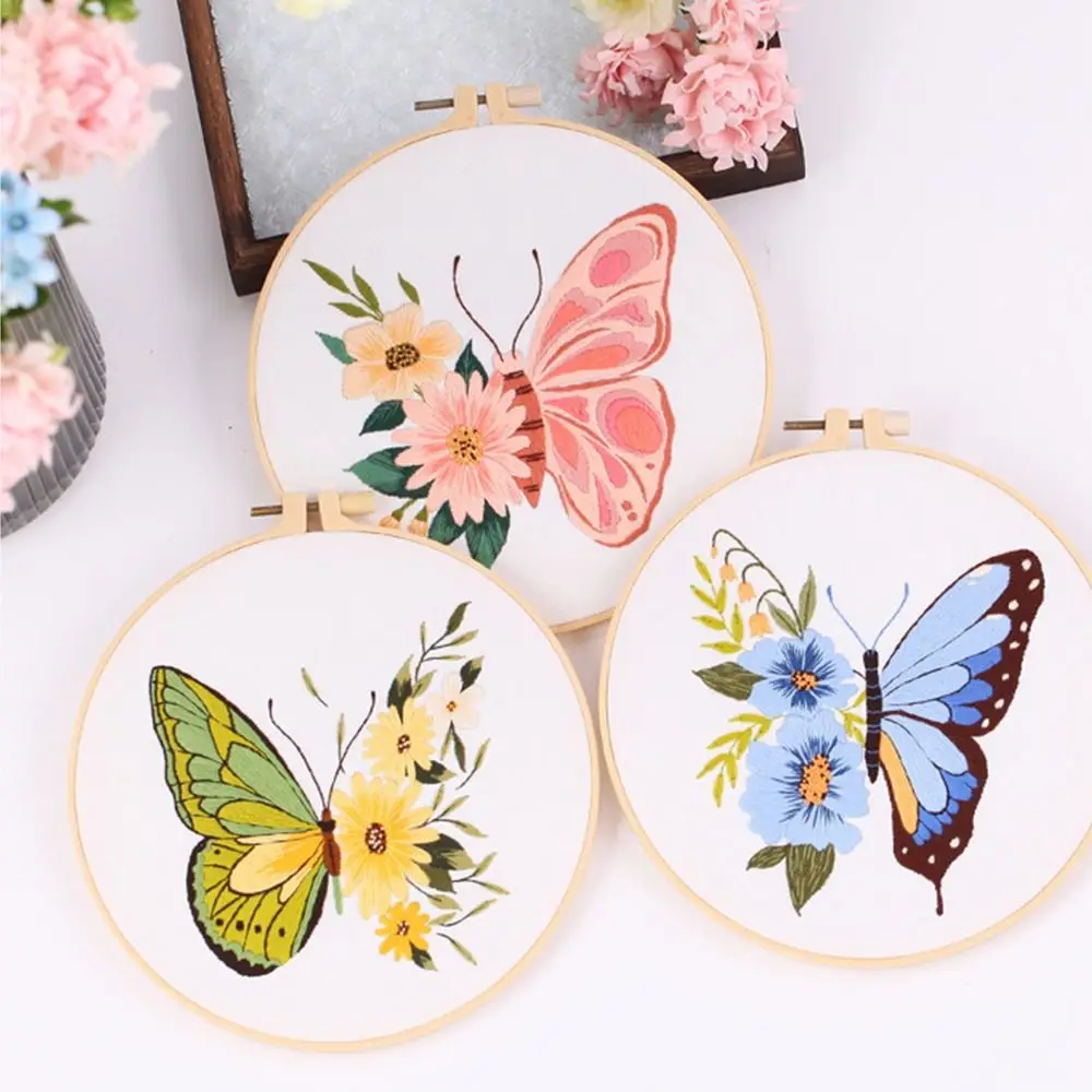 Butterfly DIY Embroidery Kits 3D Flower Landscape Embroidery Stitching Sets Hoop Art Needlework Cross Stitch
