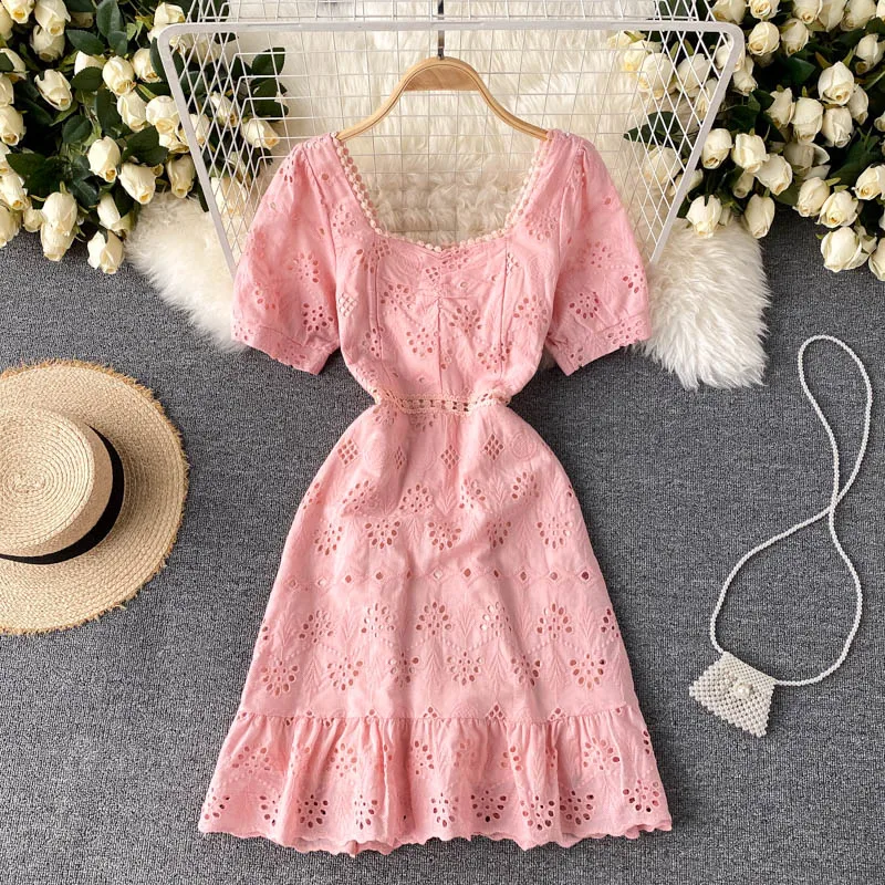 

Elegant Hollow Out White Mini Dress Women Summer Square Collar Short Sleeve Vintage Vestidos Ladies Ruffle Robe Femme 2022 New