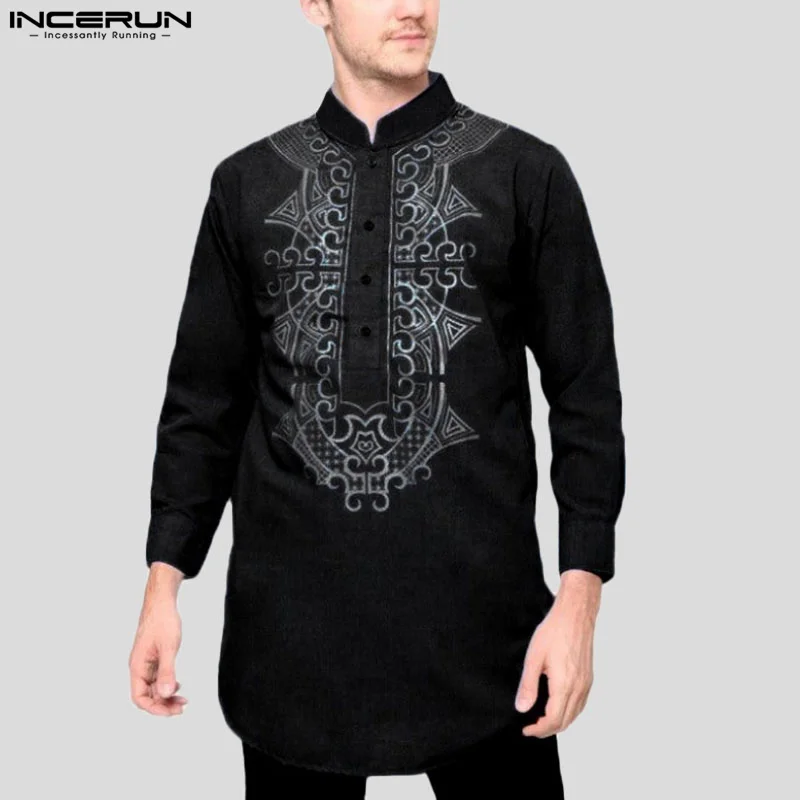 

INCERUN Tops 2023 Muslim Style New Men's Ethnic Print Pattern Shirts Casual Well Fitting Male Hot Sale Long Sleeved Blouse S-5XL