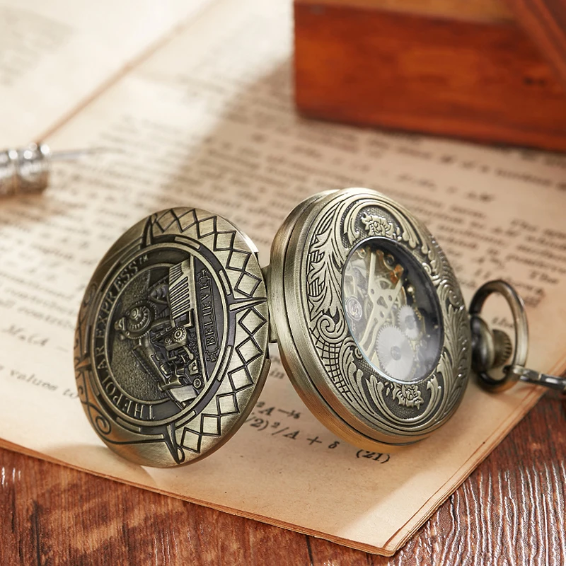 Locomotive Mechanical Pocket Watch With Chain Vintage Roman Numerals Hollow Sculpture Hand Wind Mechanical Pocket Watches Men
