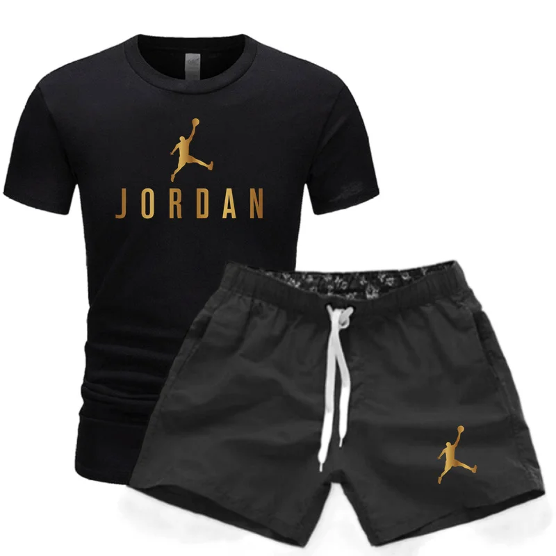 Summer men's fitness fashion men's casual sportswear set, quick drying sportswear short sleeved T-shirt+shorts 2-piece set