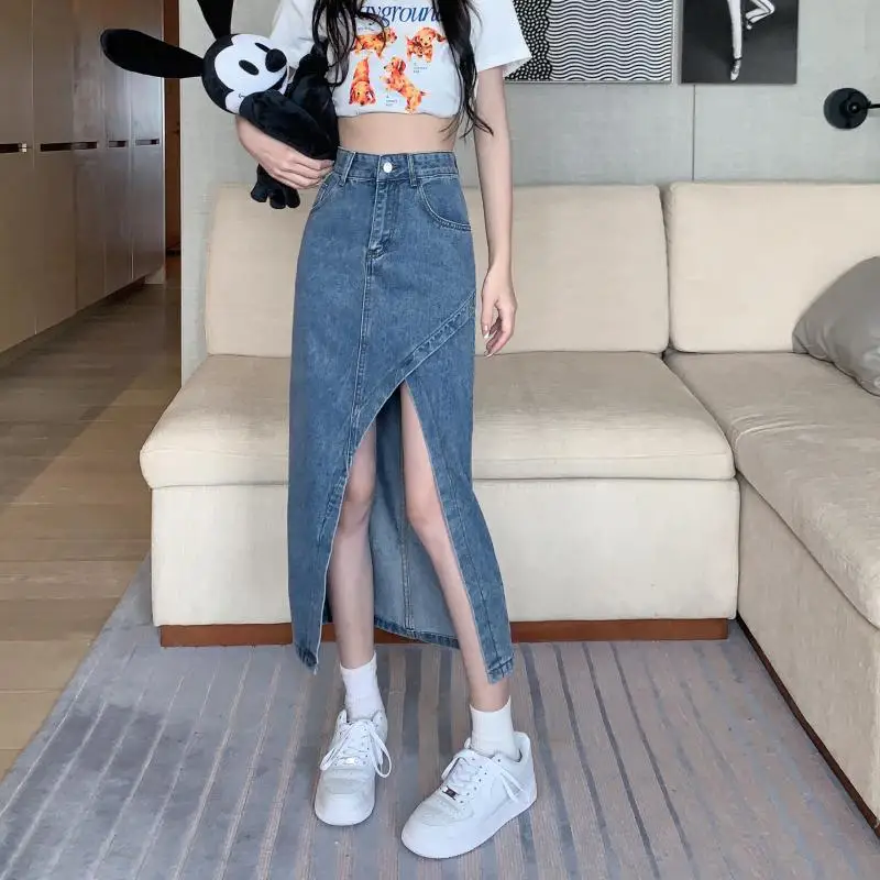 Ladies Long Down Dresses Hollow Out Retro Street Dress Krean Streetwear Oversized Casual Vintage Women's Denim Skirt YK2 Dresses
