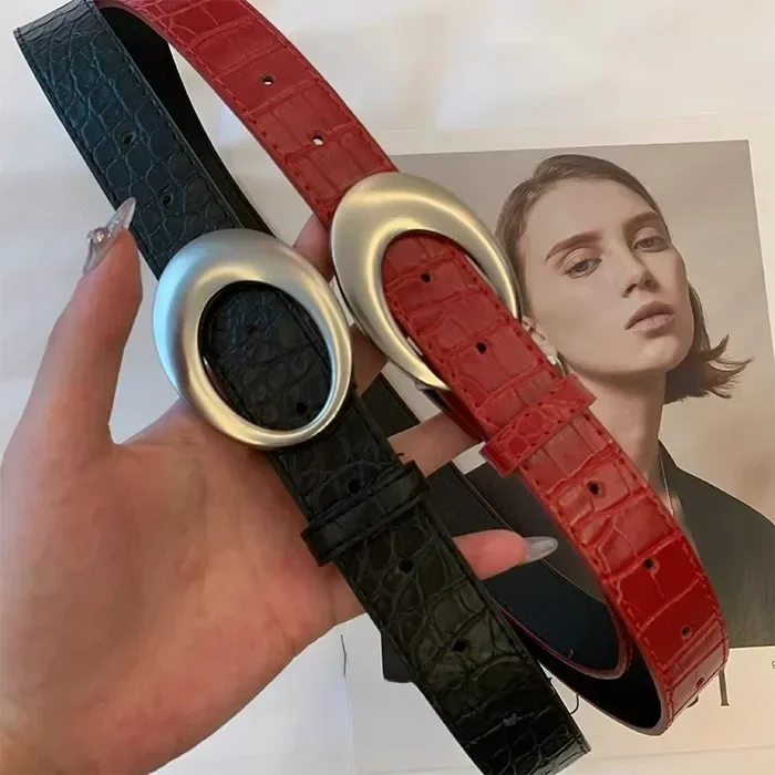 Vintage American Belt Crocodile Lines for Women Men Fashion Pu Leather Punk Metal Buckle Jeans Pants Advanced Red Waist Belts