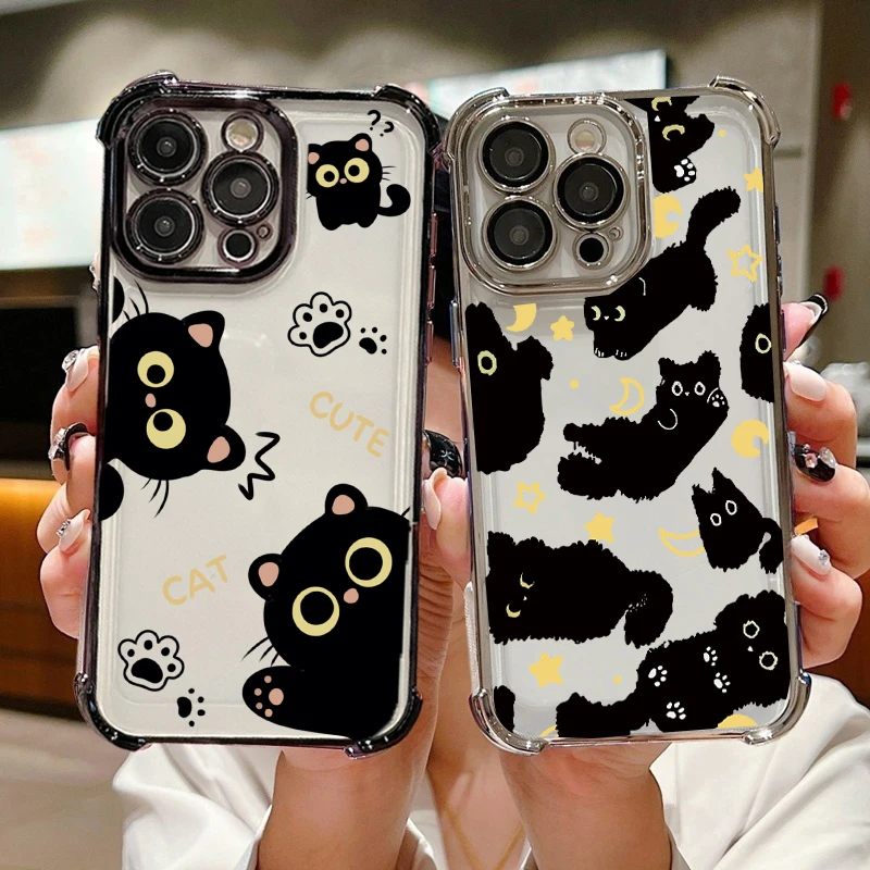 Fashion Plating Cartoon Black Cat Clear TPU Anti-Fall Phone Case