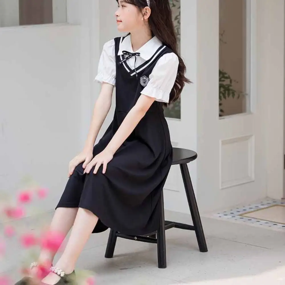 Pleated Girls False Two Dress Preppy Style Short Sleeve Summer Dresses Beach Vacation Teenagers Children A-line Dress Party