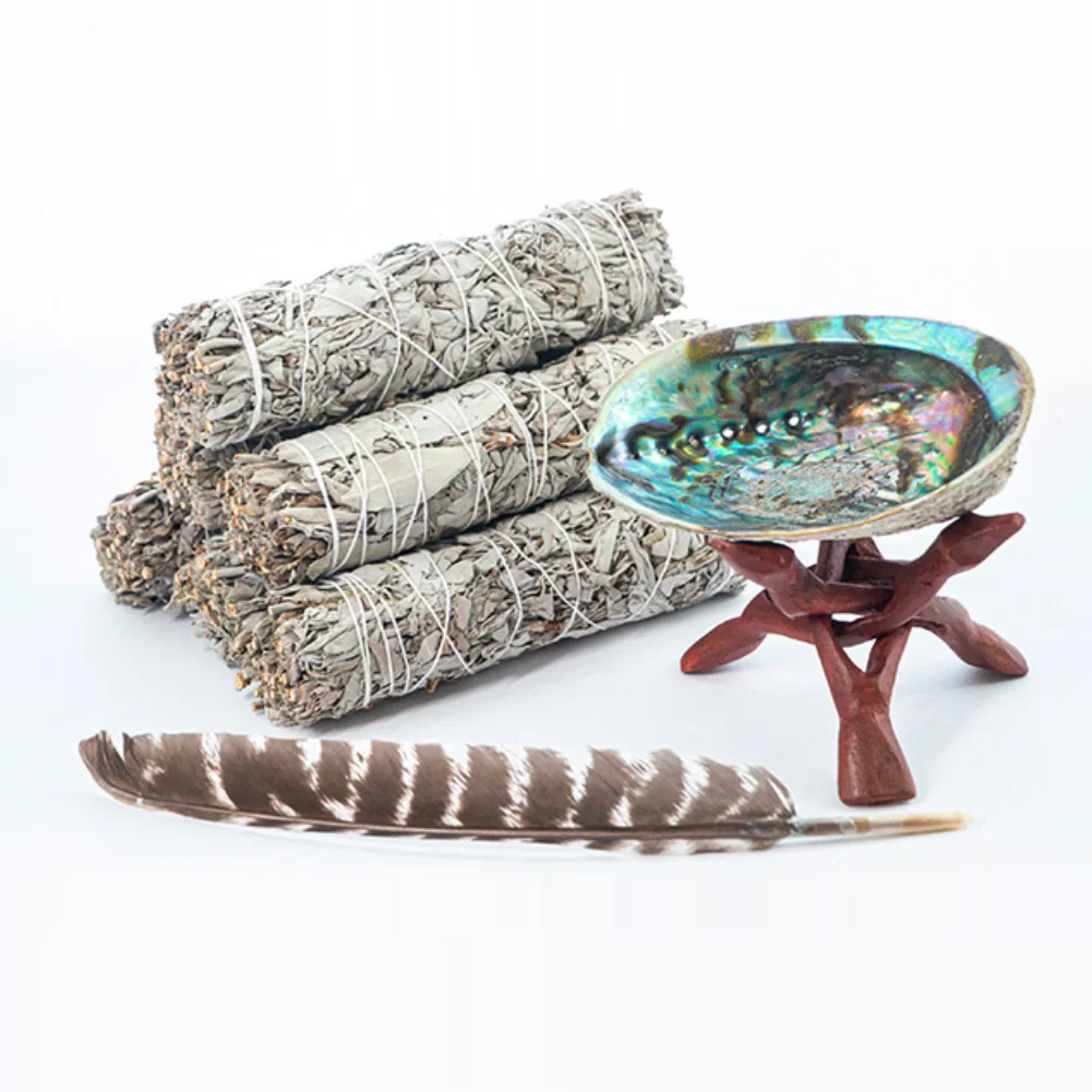 Abalone Shell with Wooden Tripod Stand With Natural White Sage Smudge Sticks