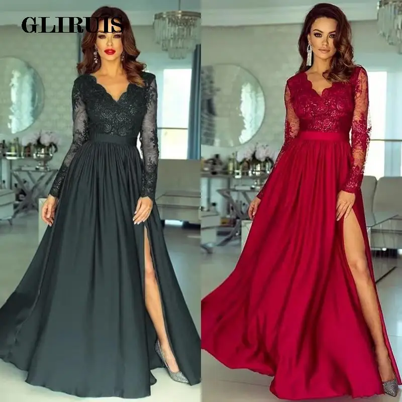 

Long Sleeve V-Neck Evening Dresses 2023 A-Line Side Slit Lace Appliques Satin Formal Party Prom Gown Vestido De Noche