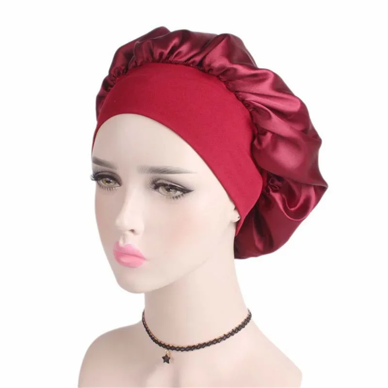 New Fashion Night Sleep Cap Wide Elastic Hair Care Hat Satin Solid Head Cover Bonnet Nightcap Women Unisex Dome Shower Cap