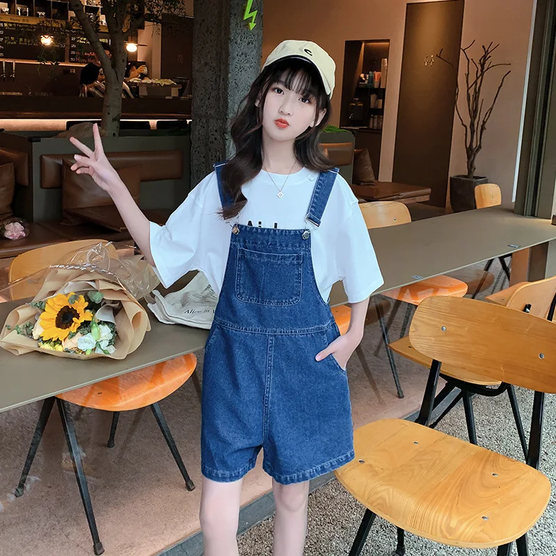 

JUCPKID Korean Summer School Girl 2PCS Clothes Set Teenager Girl T-shirt+Denim Suspender Shorts Junior Girl Casual Set 5-14Yrs
