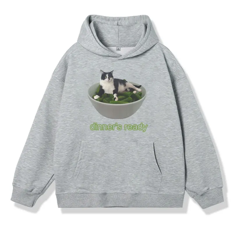 Dinner's Ready Bean Cat Funny Graphic Hoodie Men Women Cartoon Oversized Cotton Fleece Pullover Fashion Sweatshirt Y2k Clothes