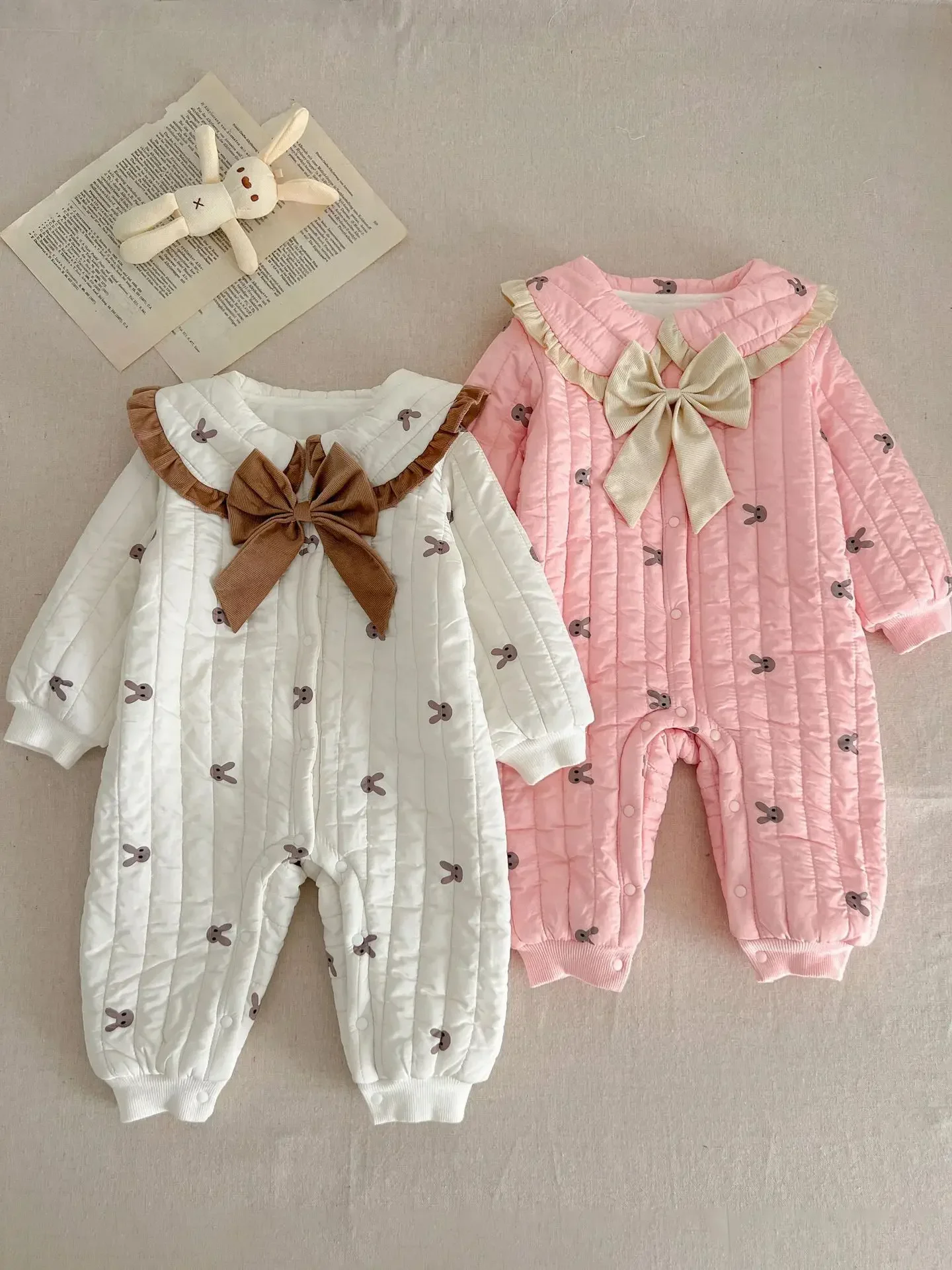 Winter Newborn Infant Baby Girls COTTON Bow Thick Flounce Romper Kids Rabbit Onepiece Fashion Baby clothing