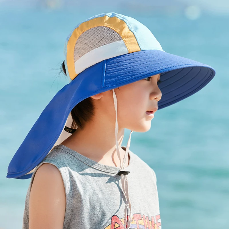 Sommer Baby Sonnenhut mit Nackenklappe und breitem Riemen, Strandhüte, Kinder-Eimerhut, UV-Schutz, Panama-Kappe für Jungen und Mädchen_voghion.com