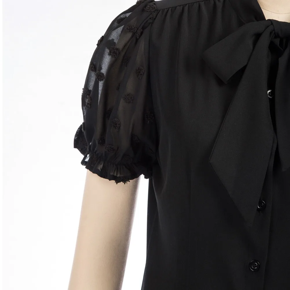 Belle Poque Summer Short Sleeve Blouse Office Lady Button Down Shirt Tops With Bow Tie 1950s Elegant Business Puffy Sleeve Shirt