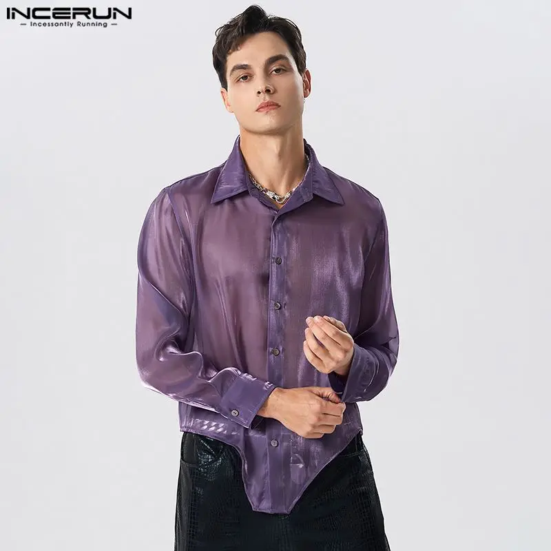 

Casual Fashion Style Tops INCERUN New Men's Shiny Fabric Shirts Casual Party Hot Sale See-through Thin Mesh Long Sleeved Blouse