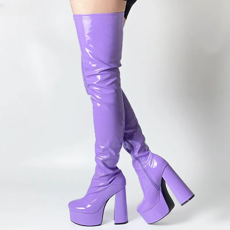 

2024 New Arrival Womens Platform Thigh Boots Hoof Heels Round Toe Gorgeous Violet Pink Black Party Shoes Women Plus US Size 5-15