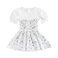 

Summer Kids Baby Girls Clothing Sweet Dress Round Collar Short Sleeve Ruched Waist Patchwork Floral Print Flared Hem Dresses