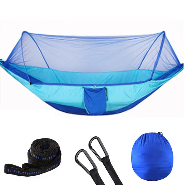 2021 Camping Hammock with Mosquito Net Pop-Up Light Portable Outdoor Parachute Hammocks Swing Sleeping Hammock Camping Stuff Light blue and blue